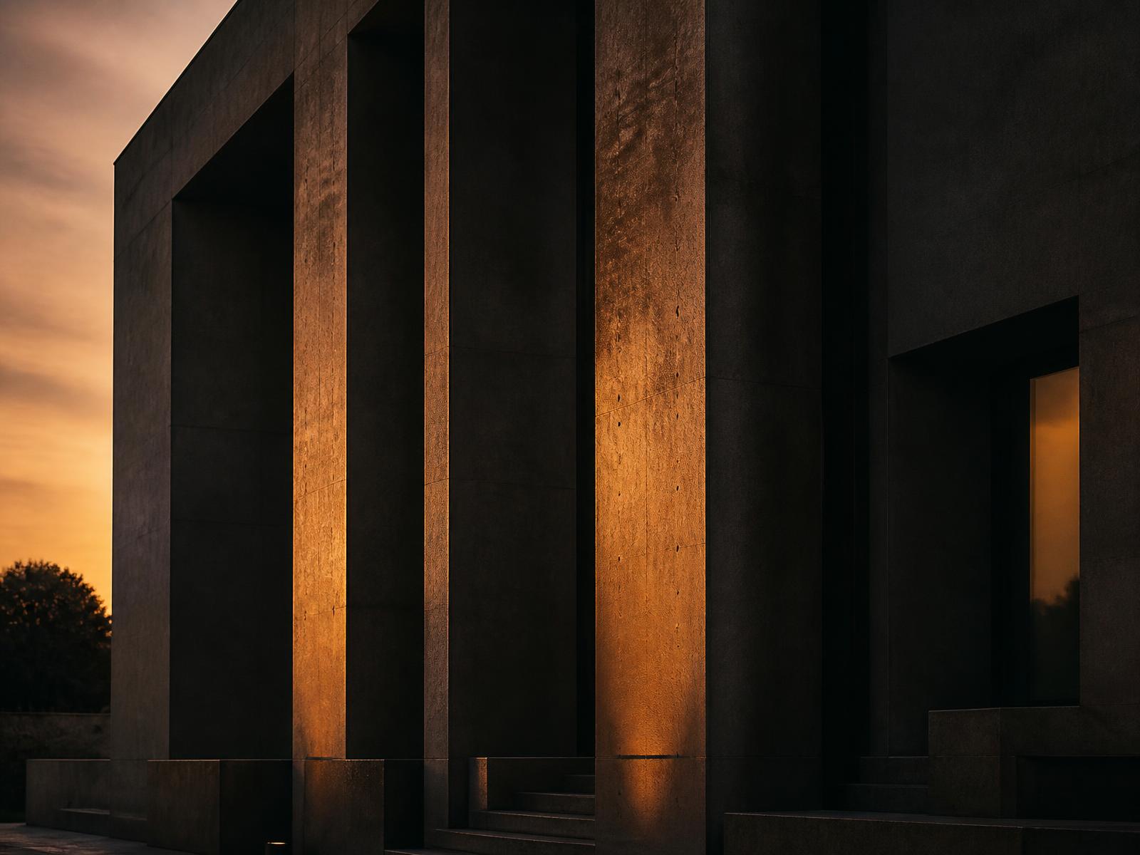 Dark concrete facade of a minimal luxury building lit by warm bronze light at dusk