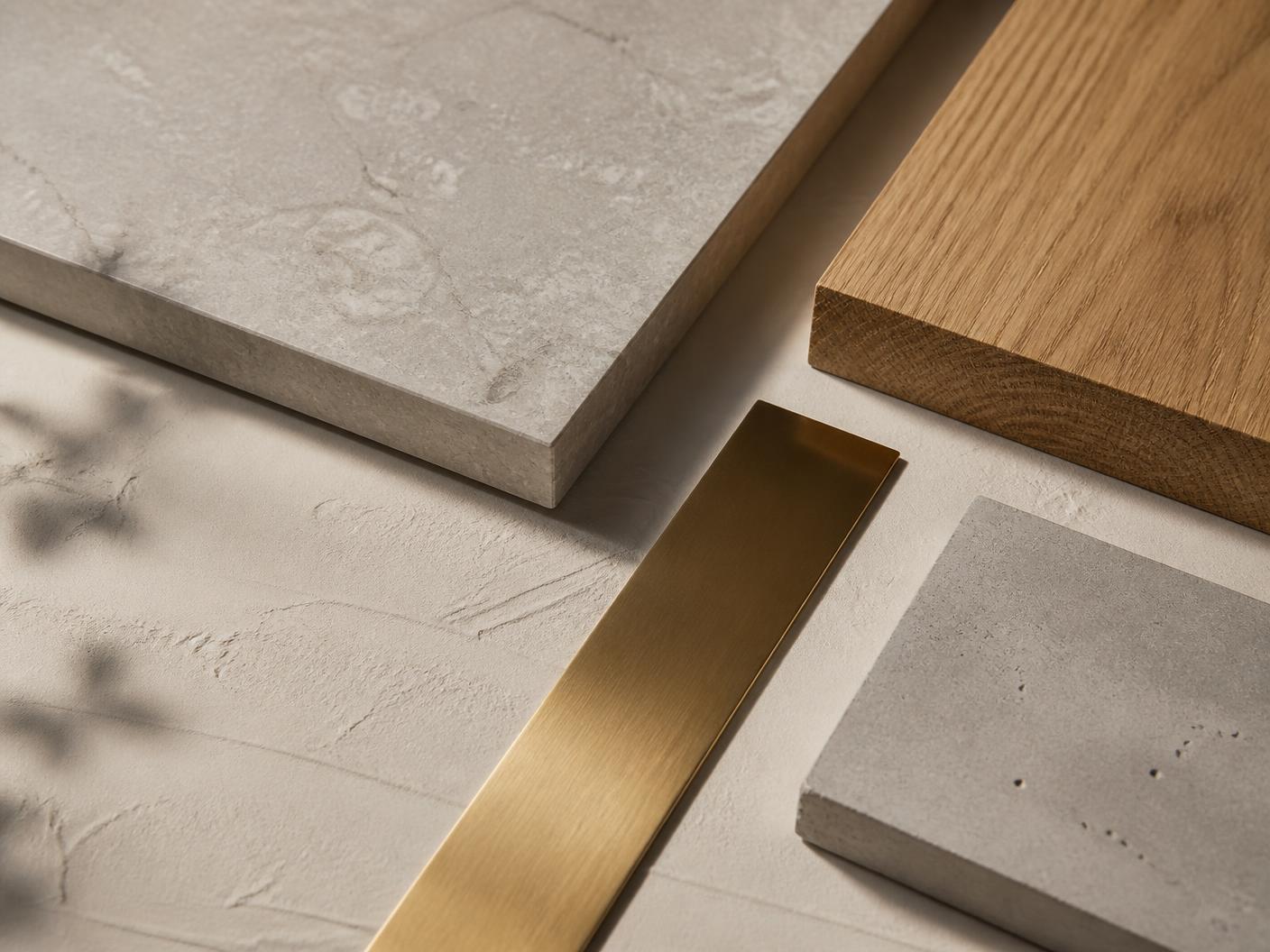 Stone slab, oak timber, brushed brass and concrete tile samples on a plaster surface
