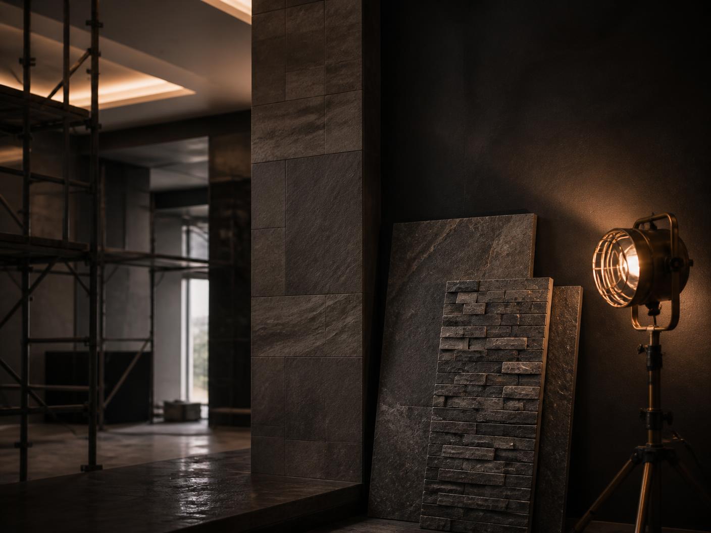 Stacked stone cladding samples in a dark, high-end interior under construction